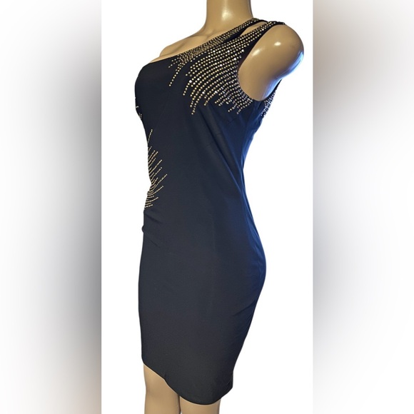 Cache Black One-Shoulder Size 6 Asymmetrical Pattern Rhinestone Embellishments - Picture 9 of 14